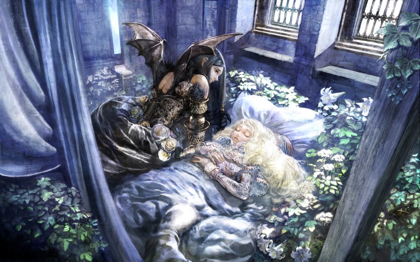2girls anesaki_dynamic bat_wings black_hair braid closed_eyes copyright_request corset flower indoors lily_(flower) multiple_girls plant sleeping under_covers white_hair wings yellow_eyes