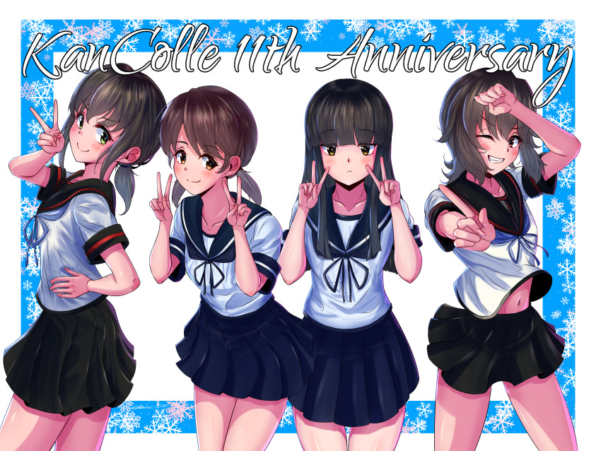 absurdres anniversary black_hair black_sailor_collar black_skirt blue_neckerchief blue_sailor_collar blue_skirt brown_eyes brown_hair commentary_request double_v fubuki_(kancolle) fubuki_kai_ni_(kancolle) green_eyes grin hatsuyuki_(kancolle) highres index_finger_raised kantai_collection long_hair low_ponytail medium_hair miyuki_(kancolle) miyuki_kai_ni_(kancolle) neckerchief pleated_skirt ponytail sailor_collar school_uniform serafuku shirayuki_(kancolle) shirt short_hair short_ponytail skirt smile snowflakes v white_shirt yoko_hata