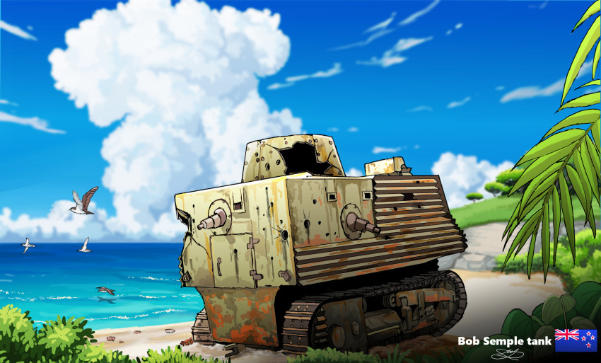 artist_name beach bird bob_semple bob_semple_tank cloud english_text grass hans_(artist) highres leaves military_vehicle motor_vehicle new_zealand_flag no_humans original palm_tree seagull signature sky stone tank tank_treads tree vehicle world_war_ii wreckage