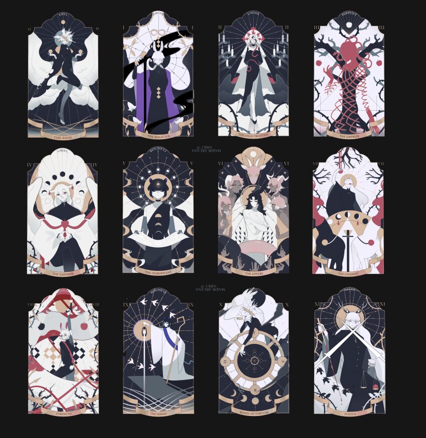 6+boys 6+girls absurdres angel angel_wings animal_ears antlers artist_name balance_scale black_background black_dress black_hair card_(medium) colored_skin commentary completely_nude crossed_legs crrn dress english_commentary feathered_wings full_body giant_snake goat_boy goat_girl goat_horns halo head_wings highres horns justice_(tarot) long_hair long_sleeves moon_phases multiple_boys multiple_girls multiple_wings nude original oversized_animal pink_hair rabbit_boy rabbit_ears rabbit_girl rabbit_tail robe simple_background single_wing sitting snake snake_hair standing strength_(tarot) sword tail tarot tarot_(medium) the_chariot_(tarot) the_emperor_(tarot) the_empress_(tarot) the_fool_(tarot) the_hermit_(tarot) the_hierophant_(tarot) the_high_priestess_(tarot) the_lovers_(tarot) the_magician_(tarot) twitter_username veil weapon weighing_scale wheel_of_fortune_(tarot) white_hair white_robe white_skin wings