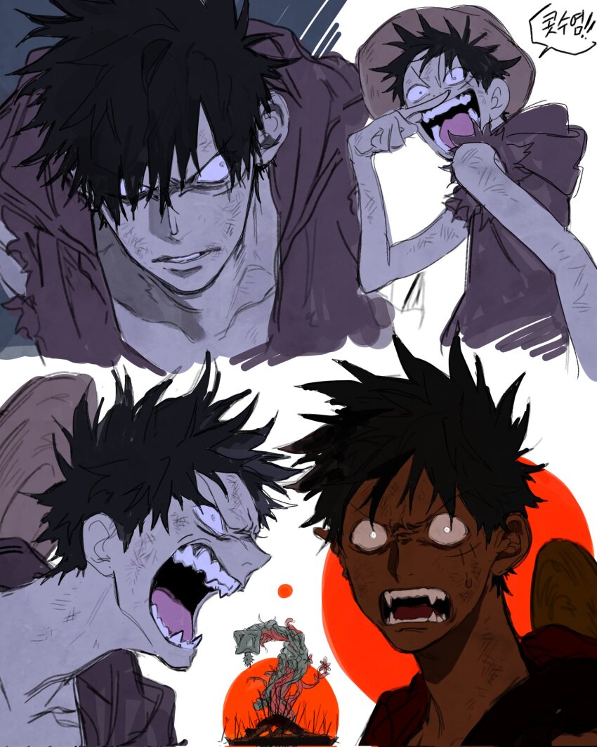 arm_up black_hair body_horror bruise bruise_on_arm bruise_on_face commentary cropped_torso fangs finger_to_own_nose hair_over_one_eye hat highres hood hood_down hooded_jacket injury jacket korean_text mnnd monkey_d._luffy multiple_views one_eye_covered one_piece one_piece:_baron_omatsuri_and_the_secret_island open_clothes open_jacket open_mouth red_jacket sharp_teeth shouting speech_bubble spiked_hair straw_hat surprised symbol-only_commentary teeth tongue torn_clothes torn_sleeves wide-eyed wide_mouth
