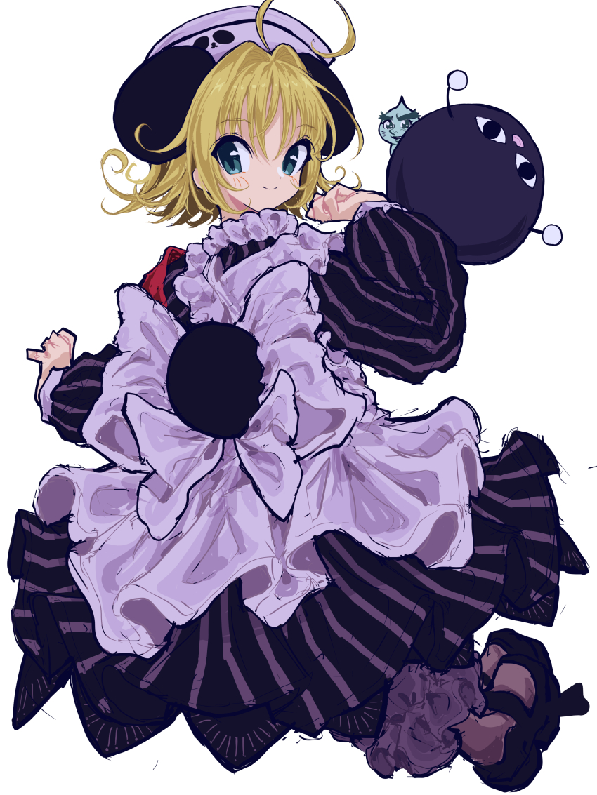 1girl absurdres ahoge animal_ears apron armband blonde_hair bloomers blue_eyes commentary_request di_gi_charat dress flipped_hair from_behind full_body hat highres long_sleeves looking_back looking_to_the_side mary_janes mugi_(mugimugi_9kv) nazo_gema nurse_cap panda_ears panda_girl panda_tail piyoko shoes short_hair smile solo striped_clothes striped_dress underwear vertical-striped_clothes vertical-striped_dress