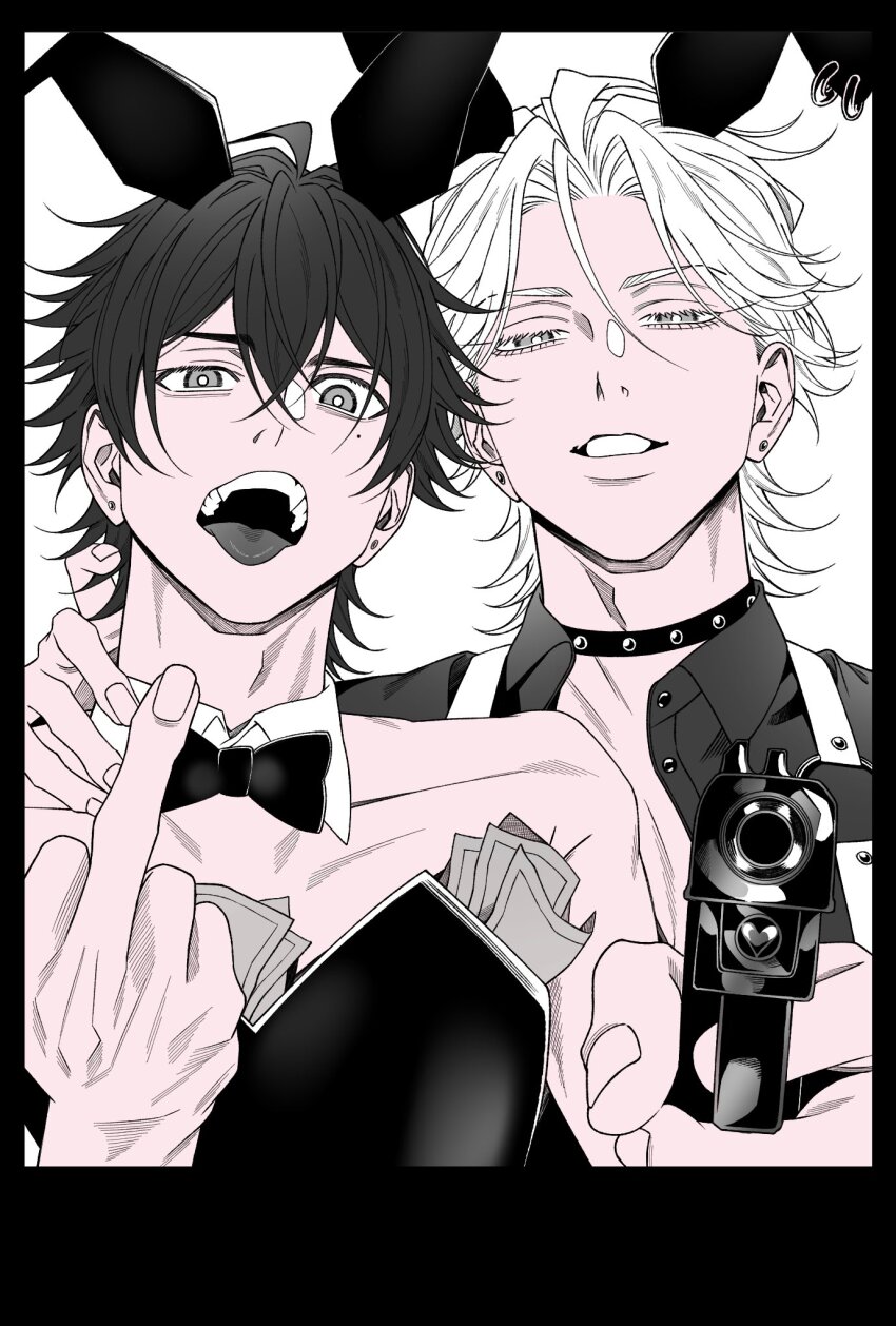2boys animal_ears aohitsugi_samatoki black_leotard bow bowtie choker crossdressing crossdressing_(mtf) detached_collar earrings fake_animal_ears finger_on_trigger gun handgun highres holding holding_gun holding_weapon hypnosis_mic jewelry leotard male_focus male_playboy_bunny middle_finger mole mole_under_eye money monochrome multiple_boys open_mouth parted_lips rabbit_ears simple_background smile strapless strapless_leotard stud_earrings studded_choker tongue tongue_out tucked_money upper_body weapon yamada_ichiro yu_(yuririnta)