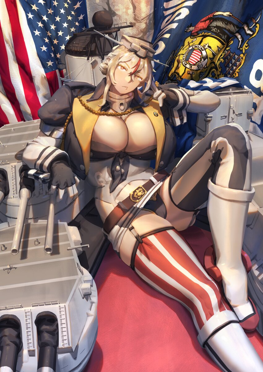 1girl absurdres american_flag arm_support belt black_gloves black_panties blonde_hair boots breasts cleavage commentary english_commentary finger_to_head fingerless_gloves garter_straps gloves hair_between_eyes head_tilt highres kantai_collection knee_boots knee_up ladder large_breasts looking_at_viewer navel_peek panties red_hair rigging solo star-shaped_pupils star_(symbol) symbol-shaped_pupils thighhighs thighs underwear uss_wisconsin_(bb-64)_(personification) ye_fan yellow_eyes