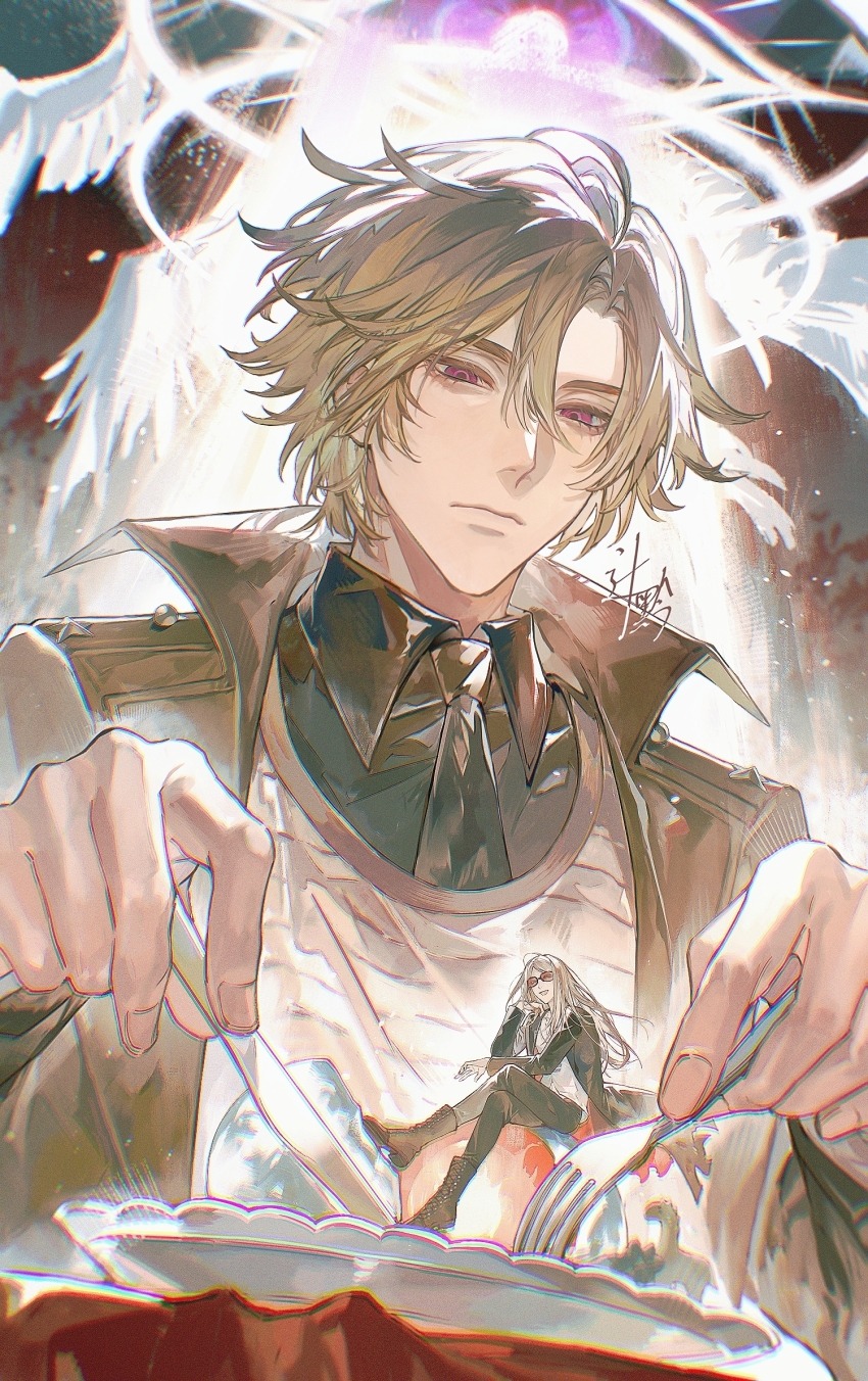 2boys artist_request black_coat black_pants blonde_hair blue_eyes coat daybit_sem_void fate/grand_order fate_(series) highres long_hair male_focus multiple_boys pants purple_eyes second-party_source sqloveraven sunglasses tezcatlipoca_(fate)