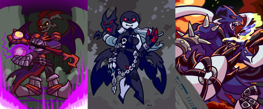 1girl 2boys demon demon_boy demon_girl digimon highres ladydevimon marindevimon multiple_boys skullsatamon staff tentacles wings