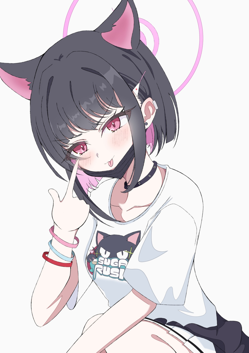 &gt;:) 1girl :p absurdres akanbe animal_ears animal_print black_choker black_hair blue_archive blunt_bangs blunt_ends blush bob_cut cat_ears cat_girl cat_print choker closed_mouth clothes_around_waist collarbone colored_inner_animal_ears colored_inner_hair commentary_request cowboy_shot earclip earrings extra_ears eyelashes eyelid_pull eyes_visible_through_hair hair_behind_ear hair_intakes hair_ornament hairclip halo hand_up highres index_finger_raised jewelry kazusa_(band)_(blue_archive) kazusa_(blue_archive) kousakakuu0803 looking_at_viewer miniskirt multicolored_hair official_alternate_costume pink_hair pink_halo pleated_skirt print_shirt red_eyes shirt short_hair short_sleeves simple_background sitting skirt smile solo stud_earrings t-shirt tongue tongue_out tsurime two-tone_hair v-shaped_eyebrows white_background white_shirt white_skirt
