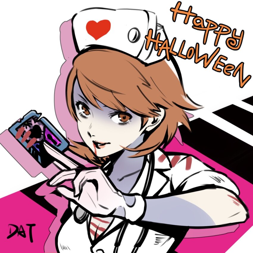 1girl brown_eyes brown_hair card collarbone da-cart gloves happy_halloween hat heart highres holding holding_card looking_at_viewer nurse_cap persona persona_3 shirt short_hair short_sleeves signature solo stethoscope swept_bangs takeba_yukari upper_body white_background white_gloves white_shirt