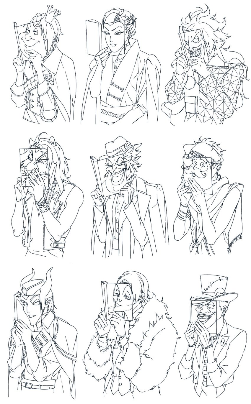 101_dalmatians 6+boys aladdin_(movie) alice_in_wonderland animal_ears asa_(ultimatekakkoii) azul_ashengrotto book covering_face crown cruella_de_vil disney divus_crewel dr_facilier garrison_cap hades_(disney) hat hercules_(disney) highres horns idia_shroud jacket jacket_on_shoulders kalim_al-asim leona_kingscholar lion_ears long_hair magazine_(object) male_focus maleficent malleus_draconia mini_crown multiple_boys pillbox_hat pointy_ears queen_grimhilde queen_of_hearts_(alice_in_wonderland) riddle_rosehearts sam_(twisted_wonderland) scar_(the_lion_king) simple_background sleeping_beauty snow_white_and_the_seven_dwarfs sultan_(disney) the_lion_king the_little_mermaid_(disney) the_princess_and_the_frog top_hat twisted_wonderland ursula_(disney) vil_schoenheit white_background