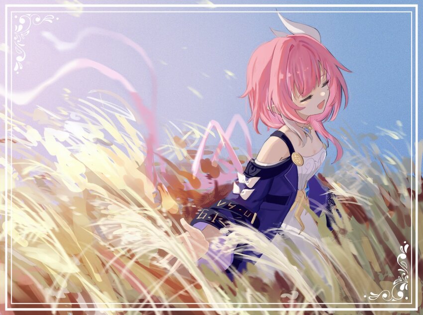 1girl blue_sky border breasts cleavage coat commentary cyrene_(honkai:_star_rail) dress english_commentary hair_ornament highres honkai:_star_rail honkai_(series) jewelry medium_hair mi_(27782900) multicolored_hair necklace open_mouth outdoors pink_hair pointy_ears purple_coat sky small_breasts solo two-tone_hair wheat wheat_field white_dress white_hair