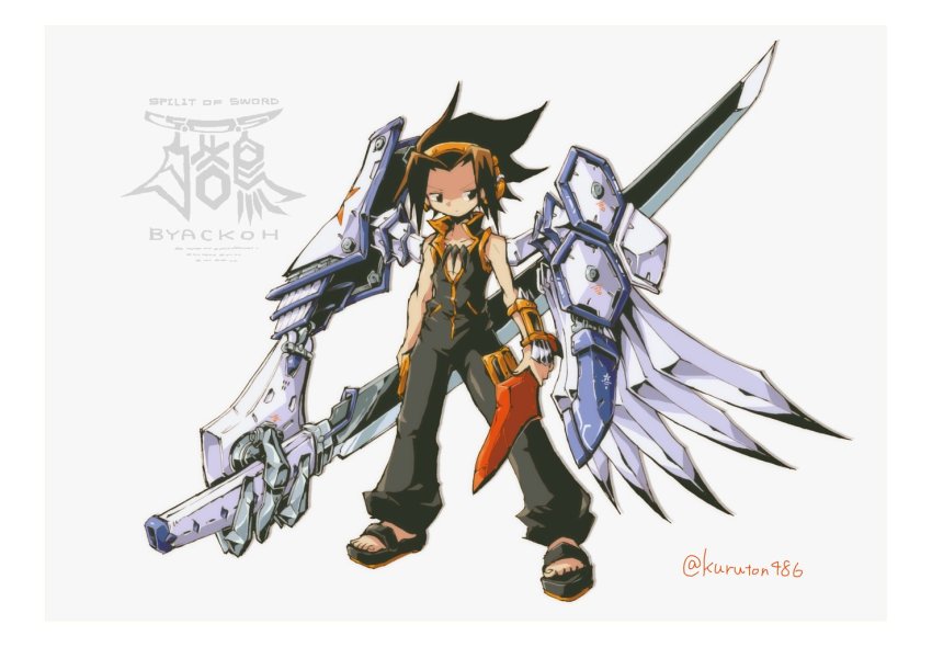 1boy asakura_yoh brown_eyes brown_hair extra_arms grey_background headband holding holding_knife holding_sword holding_weapon knife kuruton486 looking_to_the_side male_focus mecha_danshi sandals shaman_king simple_background solo sword text_background weapon white_background