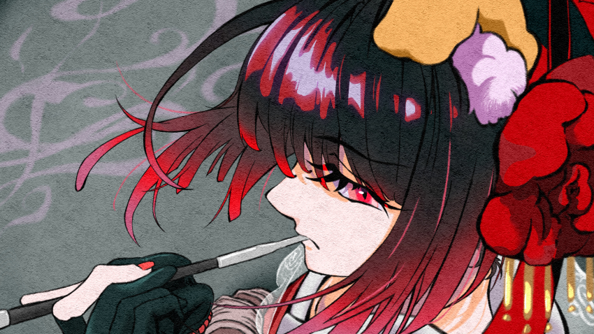 1girl animal_ear_fluff animal_ears black_gloves black_hair blunt_bangs commentary dog_ears fate/grand_order fate_(series) flower gloves gradient_hair grey_background hair_flower hair_ornament half-closed_eyes highres holding japanese_clothes kamitsure kanzashi kiseru kyokutei_bakin_(fate) kyokutei_bakin_(second_ascension)_(fate) looking_at_viewer multicolored_hair nail_polish paper_texture partially_fingerless_gloves portrait profile red_eyes red_flower red_hair red_nails sidelocks smoke smoking smoking_pipe solo
