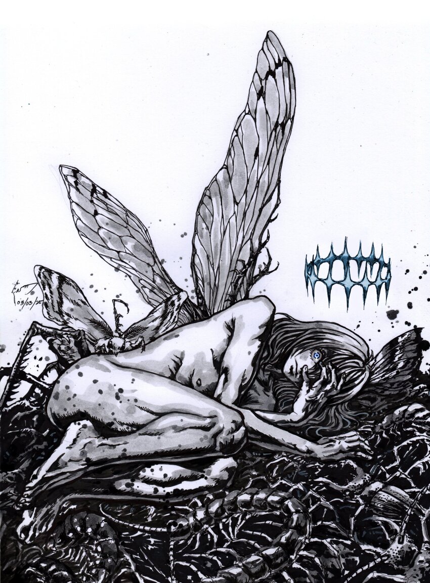 1boy absurdres arthropod_boy blanca_(fate) blue_eyes bug centipede completely_nude dominic_ian_cabatit fate/grand_order fate_(series) floating_crown greyscale hair_over_one_eye hand_over_eye highres insect insect_wings lying male_focus medium_hair monochrome moth nipples nude oberon_(fate) oberon_(third_ascension)_(fate) on_side rhinoceros_beetle spot_color white_background wide-eyed wings