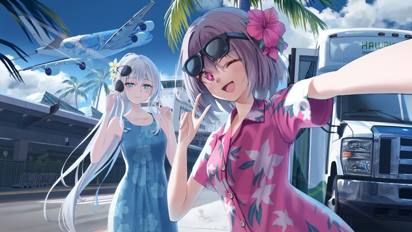 2girls ;d aircraft airplane airport alexandra_viktorovna_dashkova_(tukikagerou) blue_dress blue_eyes blue_sky blush breasts brown_hair bus buttons closed_mouth cloud collared_shirt commentary crosswalk dark-skinned_female dark_skin day dress english_commentary floral_print flower ford ford_e-series hair_flower hair_ornament hand_up hands_up hawaii hawaiian_shirt highres holding holding_removed_eyewear jet_airliner long_hair looking_at_viewer motor_vehicle multiple_girls one_eye_closed open_mouth original outdoors outstretched_arm palm_tree pink_shirt png_pant_(bus) print_dress print_shirt red_eyes road second-party_source selfie sharifah_ozdil_(tukikagerou) shirt short_hair short_sleeves sky smile sunglasses takeoff tongue tree united_states unworn_eyewear v white_hair
