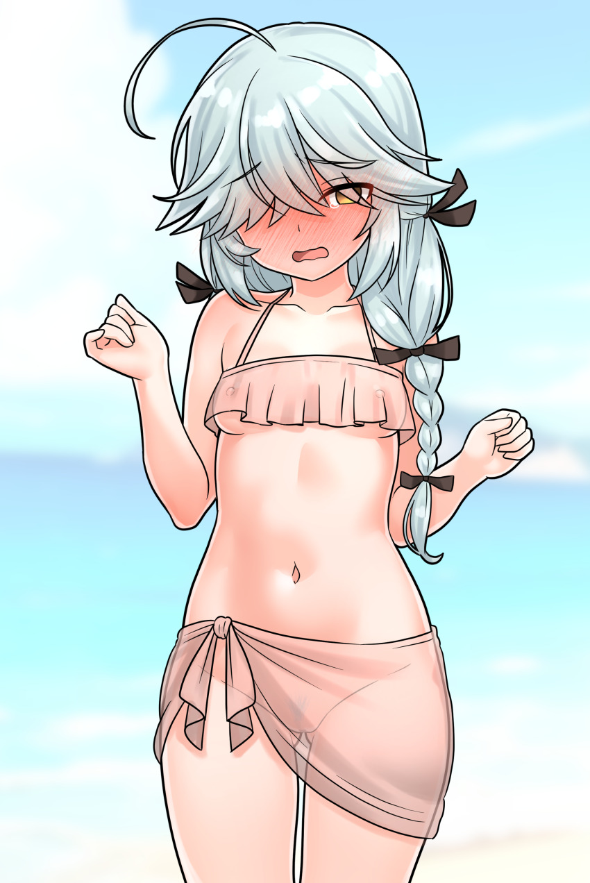 1girl absurdres ahoge beach bikini black_ribbon blue_sky braid cloud collarbone day frilled_bikini frills furaggu_(frag_0416) grey_hair hair_over_one_eye hair_ribbon hamanami_(kancolle) hands_up highres kantai_collection long_hair navel ocean outdoors pink_bikini pink_sarong ribbon sarong single_braid sky solo standing stomach swimsuit thighs variant_set