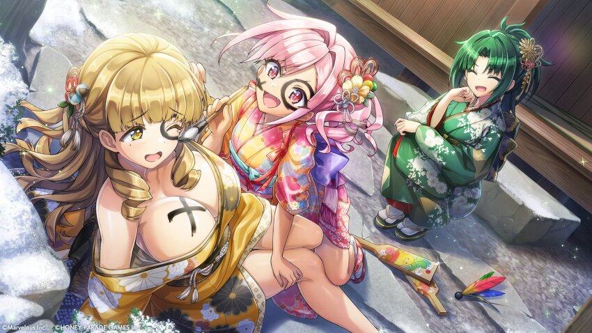 3girls ayato_utae blonde_hair blunt_bangs breasts cleavage closed_eyes curly_hair dolphin_wave drawing_on_another drawing_on_another&#039;s_face green_eyes green_kimono hair_intakes hair_ornament hanetsuki harunami_anri highres japanese_clothes kimono large_breasts long_hair mole mole_under_eye multiple_girls off_shoulder one_eye_closed ootomo_takuji parted_bangs pink_eyes pink_hair pink_kimono sandals side_ponytail socks swept_bangs urami_kana yellow_eyes yellow_kimono