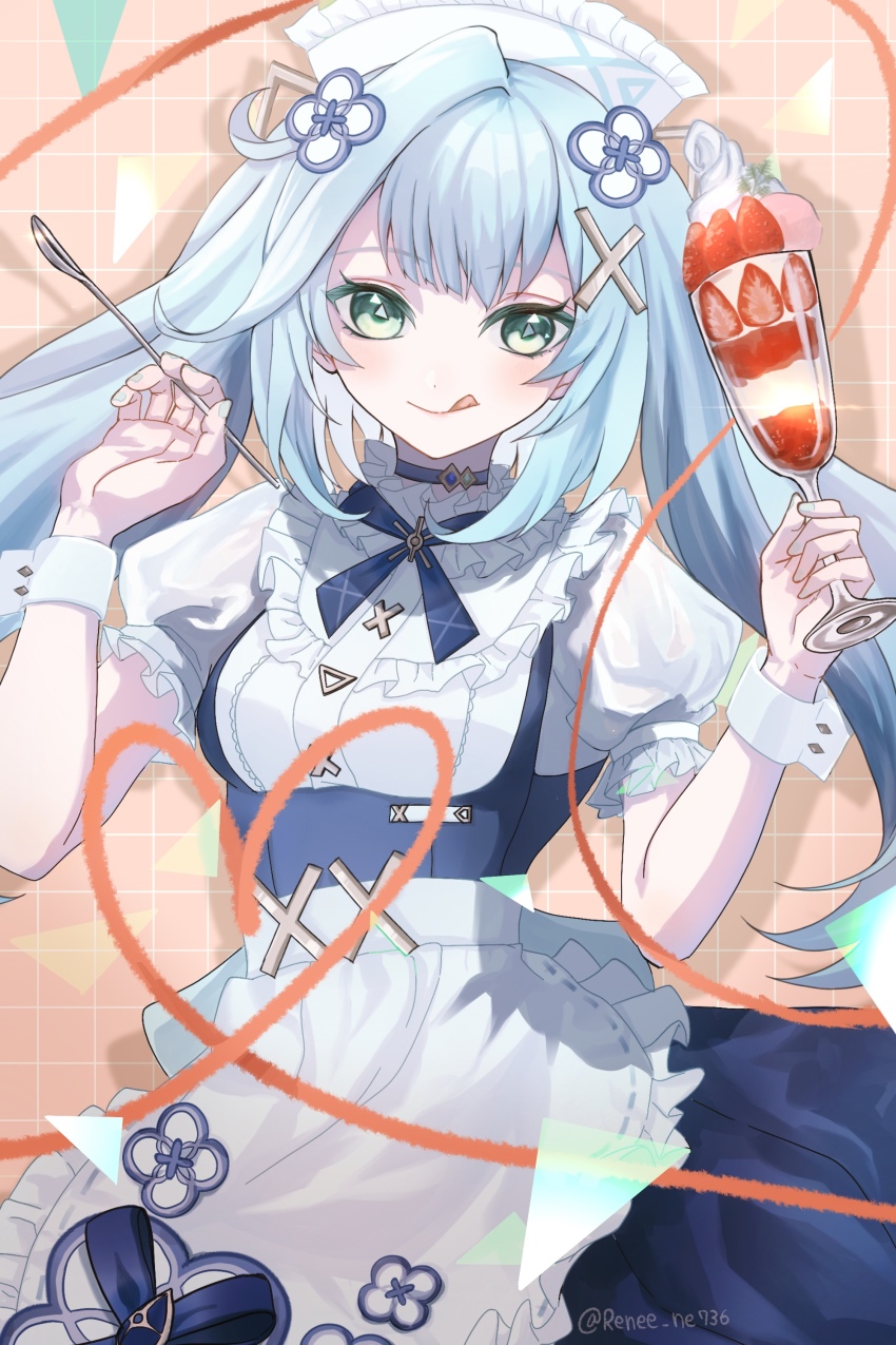 1girl :q absurdres apron aqua_hair aqua_nails blue_dress breasts commentary cup dress faruzan_(genshin_cafe_in_seoul)_(genshin_impact) faruzan_(genshin_impact) fingernails food fruit genshin_impact green_eyes hair_ornament heart highres holding holding_cup holding_spoon light_blush long_hair looking_at_viewer maid_headdress medium_breasts nail_polish official_alternate_costume parfait renee_(renee_illust) smile solo spoon strawberry symbol-shaped_pupils tongue tongue_out triangle-shaped_pupils twintails twitter_username upper_body very_long_hair waist_apron whipped_cream white_apron white_sleeves x_hair_ornament