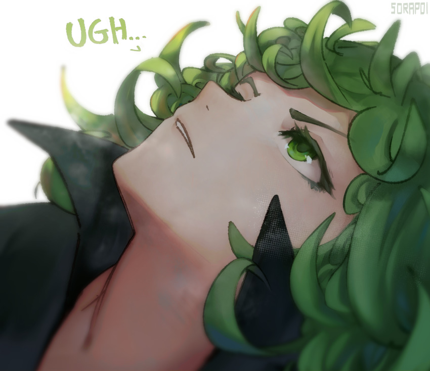 1girl annoyed artist_name black_dress dress green_eyes green_hair head highres looking_up medium_hair one-punch_man parted_lips simple_background solo sorapoi tatsumaki teeth white_background