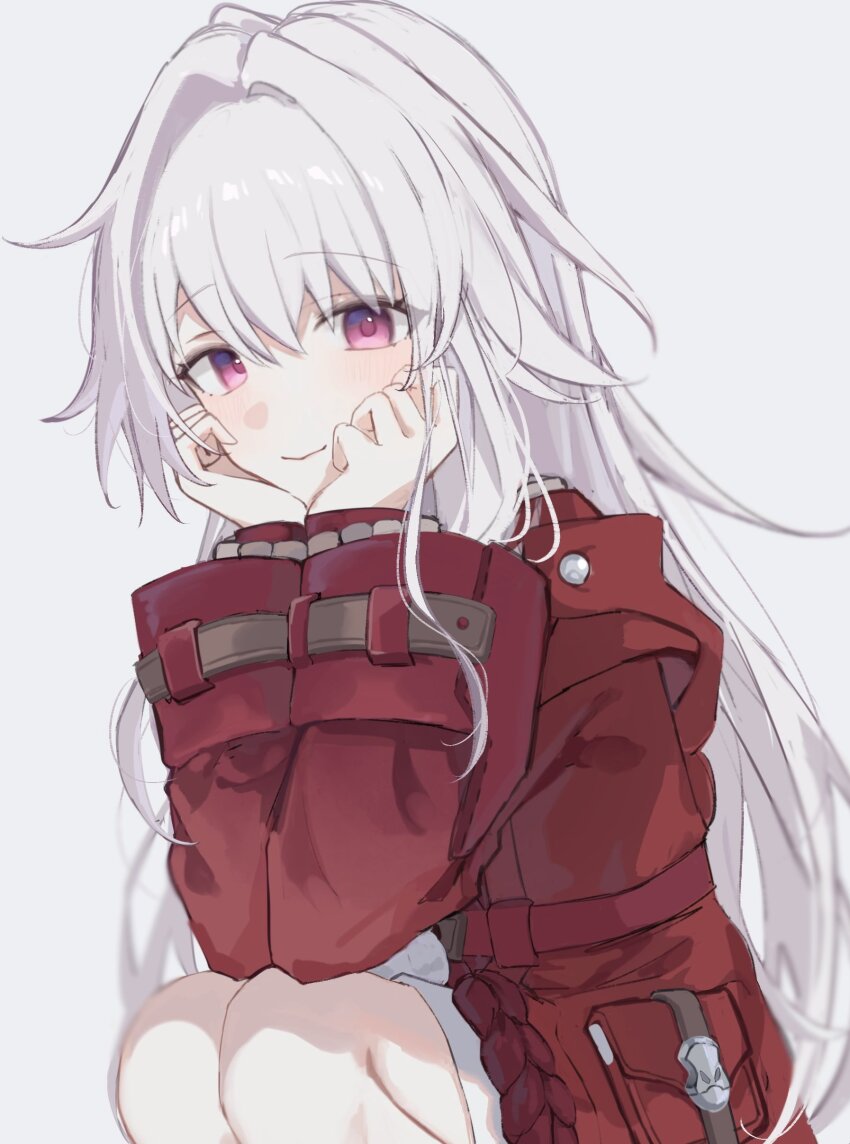 1girl absurdres clara_(honkai:_star_rail) head_on_hands highres honkai:_star_rail honkai_(series) jacket klq_gm long_hair long_sleeves looking_at_viewer red_eyes red_jacket simple_background smile solo squatting very_long_hair white_background white_hair