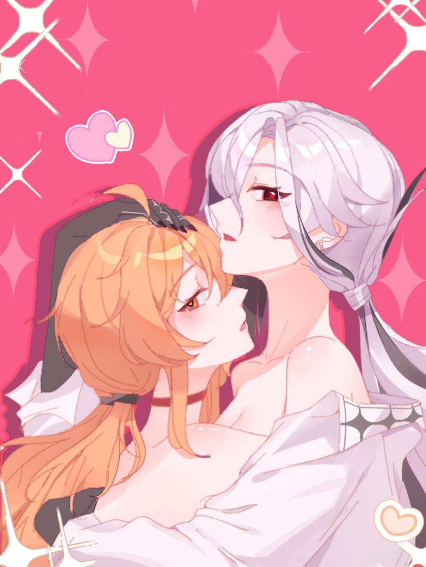 2girls ahoge arlecchino_(genshin_impact) artist_request bare_shoulders black_nails breasts chinese_commentary choker cleavage collarbone collared_shirt colored_skin commission couple fingernails from_side genshin_impact grey_hair hair_between_eyes hand_on_another&#039;s_head highres hug huge_ahoge large_breasts leaning_forward leaning_on_person light_blush liuboyi33444 long_hair long_sleeves looking_at_viewer looking_to_the_side low_ponytail low_twintails multicolored_background multicolored_hair multicolored_skin multiple_girls oc_x_canon off_shoulder open_mouth orange_eyes orange_hair original pink_background ponytail red_pupils shade sharp_fingernails shirt streaked_hair symbol-shaped_pupils twintails two-tone_hair two-tone_skin white_shirt x-shaped_pupils x_x yuri