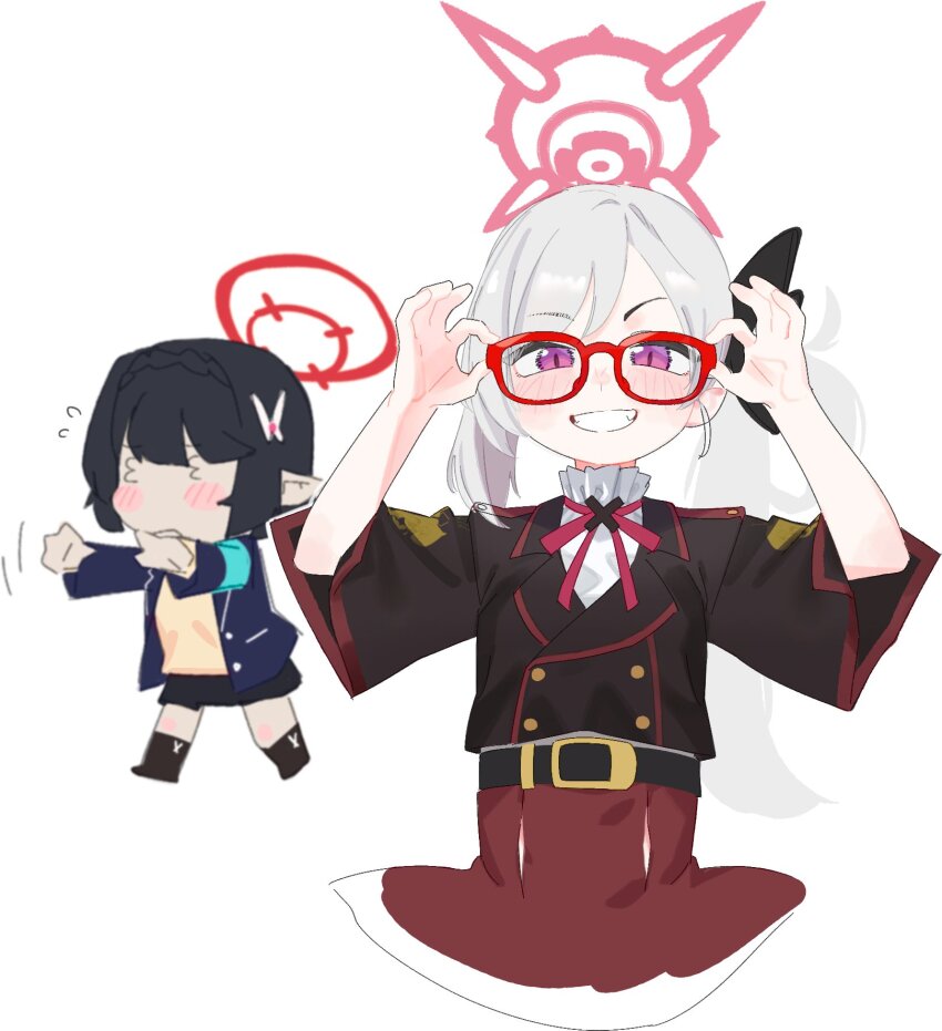 2girls 3_3 ayane_(blue_archive) black_hair blue_archive chi-iz chibi glasses grin halo highres long_hair multiple_girls mutsuki_(blue_archive) red-framed_eyewear short_hair simple_background smile teeth white_background white_hair