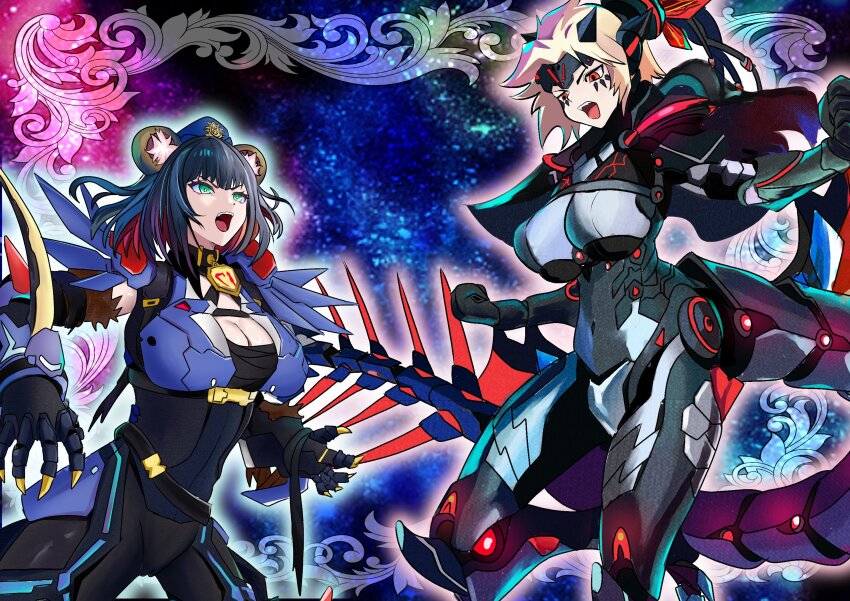2girls absurdres animal_ear_fluff armor black_armor black_bodysuit black_hair blonde_hair blue_armor blue_eyes blue_hat bodysuit breasts cleavage clenched_hands cowboy_shot dinomorphia_kentregina duel_monster grey_bodysuit hat highres k9_-_#17_&quot;ripper&quot; k9_-_#17_izuna large_breasts long_hair multiple_girls red_eyes short_hair xzon_(chai_z) yu-gi-oh!
