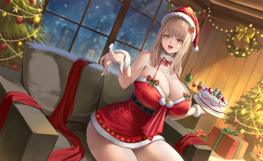 1girl absurdres alcohol belt black_belt bottle box breasts brown_hair cake christmas christmas_cake christmas_lights christmas_ornaments christmas_present christmas_tree cleavage couch cup dress drinking_glass earrings emma_(nikke) food fur-trimmed_dress fur-trimmed_headwear fur-trimmed_wrist_cuffs fur_trim gift gift_box goddess_of_victory:_nikke hair_ornament hat highres holding holding_food holly_hair_ornament huge_breasts indoors jewelry long_hair looking_at_viewer night night_sky on_couch phusit red_dress red_wine santa_costume santa_dress santa_hat short_dress sitting sky smile snow snowing solo teeth thighs tongue upper_teeth_only window wine wine_bottle wine_glass yellow_eyes