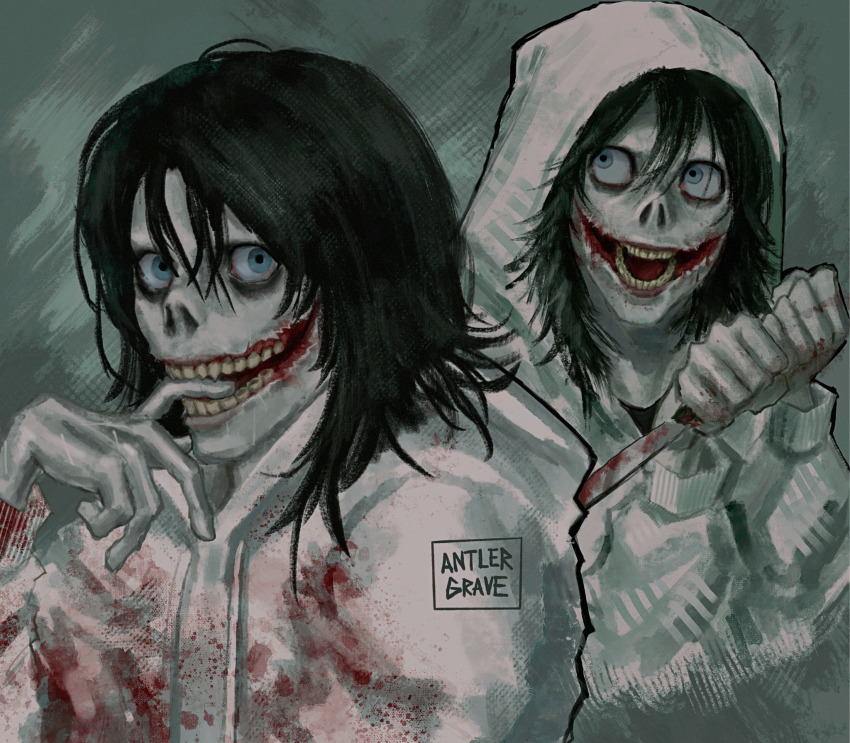 1boy antlergrave artist_name bags_under_eyes black_hair blood blood_on_clothes blood_on_hands bloody_knife clenched_hands commentary creepypasta drawstring english_commentary finger_in_own_mouth glasgow_smile grey_background hair_between_eyes highres holding holding_knife hood hood_down hood_up hoodie jeff_the_killer knife looking_at_viewer looking_to_the_side male_focus medium_hair multiple_views open_mouth realistic saliva simple_background teeth two-handed upper_body white_hoodie