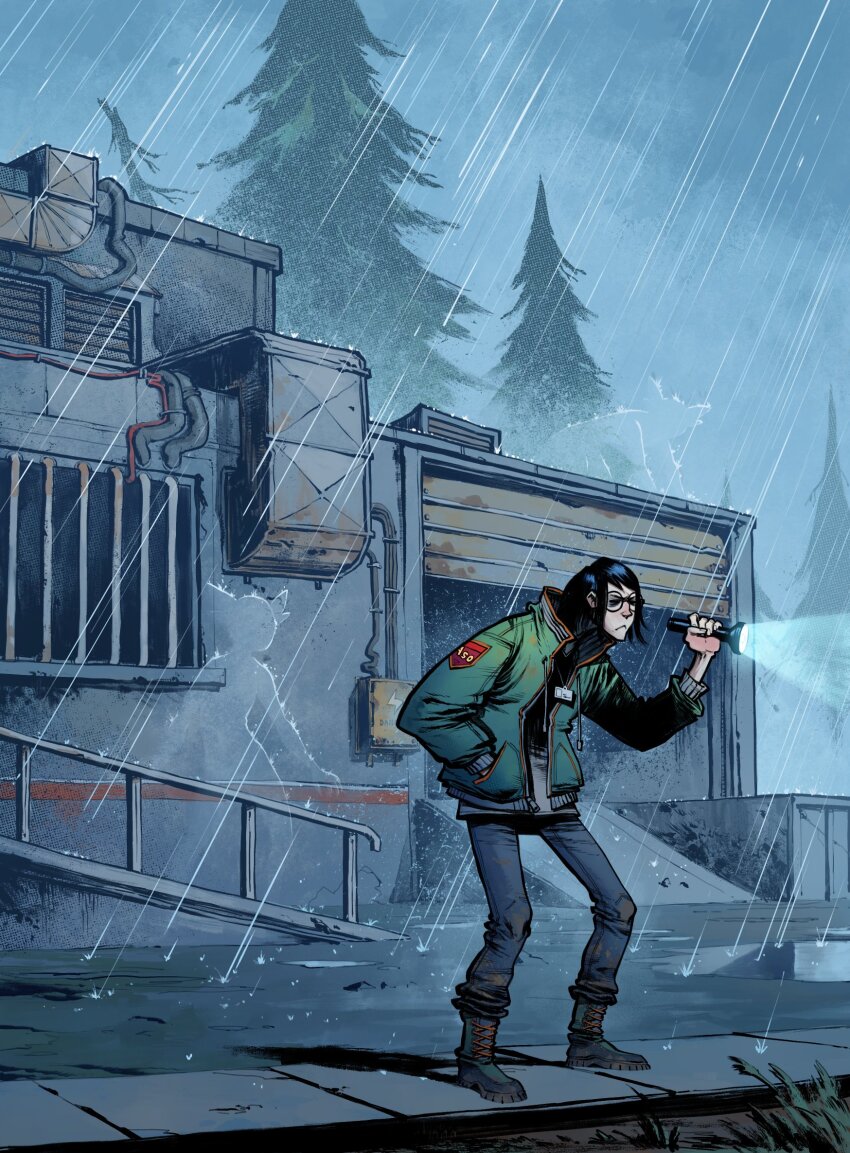 1boy 2others :&lt; air_duct alien black_boots black_hair blue_pants boots flashlight garage grass green_jacket grey_sky hand_in_pocket highres holding holding_flashlight implied_invisibility invisible jacket multiple_others outdoors pants pavement puddle rain round_eyewear roving_neophyte sky standing tree voices_of_the_void