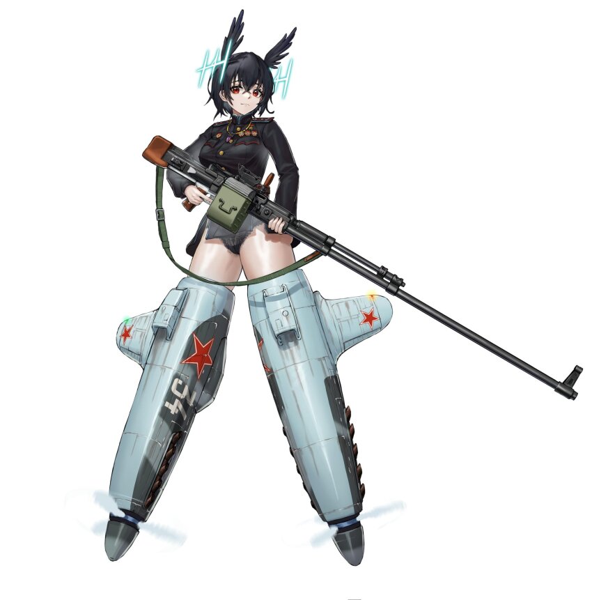 1girl animal_ears artist_request bird_ears bird_girl black_hair black_jacket black_panties breasts gun highres hirschgeweih_antennas holding holding_gun holding_weapon jacket looking_at_viewer medium_breasts military military_uniform no_pants original panties red_eyes short_hair simple_background striker_unit underwear weapon weapon_request white_background world_witches_series
