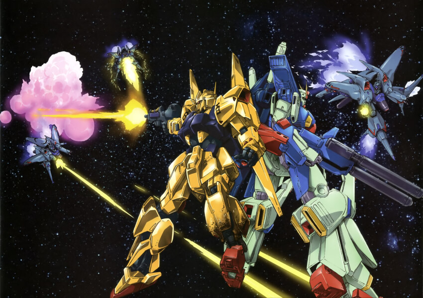 artist_request battle battle_damage beam_rifle damaged energy_beam energy_gun energy_sword explosion fighting_stance firing gun gundam gundam_perfect_file gundam_zz highres holding holding_gun holding_sword holding_weapon humanoid_robot hyaku_shiki jamru_fin joints mecha mecha_focus mechanical_arms mechanical_legs mechanical_wings mobile_suit multiple_others no_humans official_art robot robot_joints side-by-side space star_(sky) sword third-party_source weapon wings zz_gundam