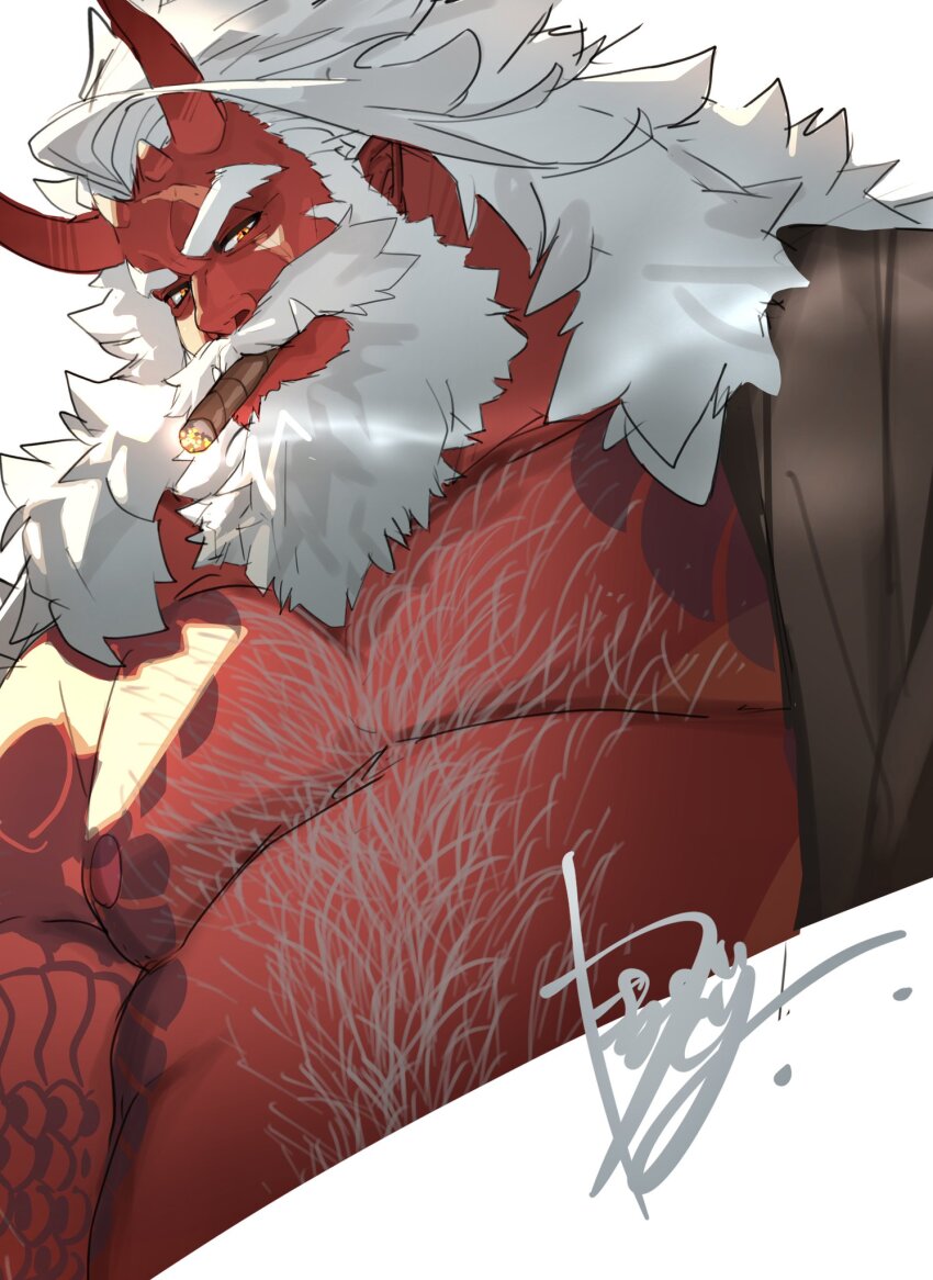 1boy another_eidos-r bara beard big_belly character_request cigar colored_skin facial_hair fat fat_man full_beard hairy highres horns huge_eyebrows kimidori_(dera_kimidori) large_pectorals long_beard long_mustache looking_at_viewer male_focus mature_male mustache oni open_clothes pectorals pointy_ears red_oni red_skin simple_background skin-covered_horns smoking solo thick_beard thick_eyebrows tusks