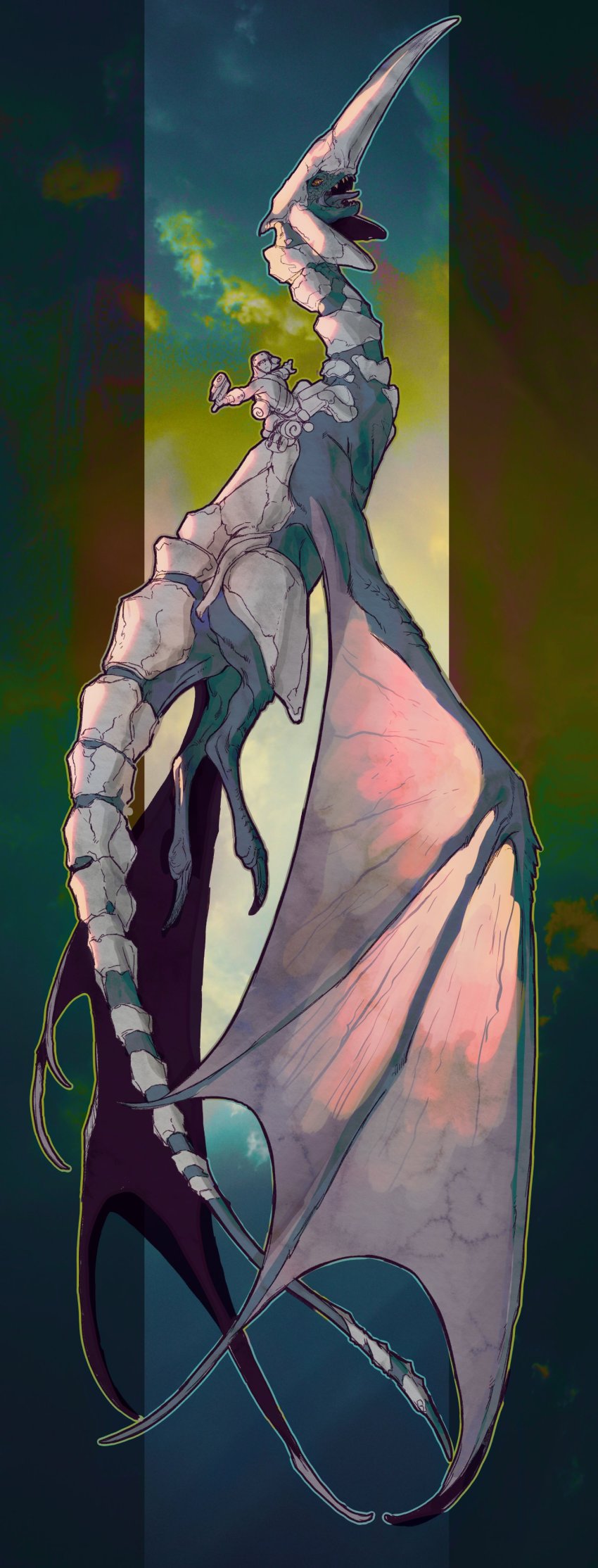 1boy 1other absurdres blue_tongue dragon fangs flying forehead_protector full_body gun handgun highres horns keil_fluge long_tail monster panzer_dragoon riding single_horn tail weapon