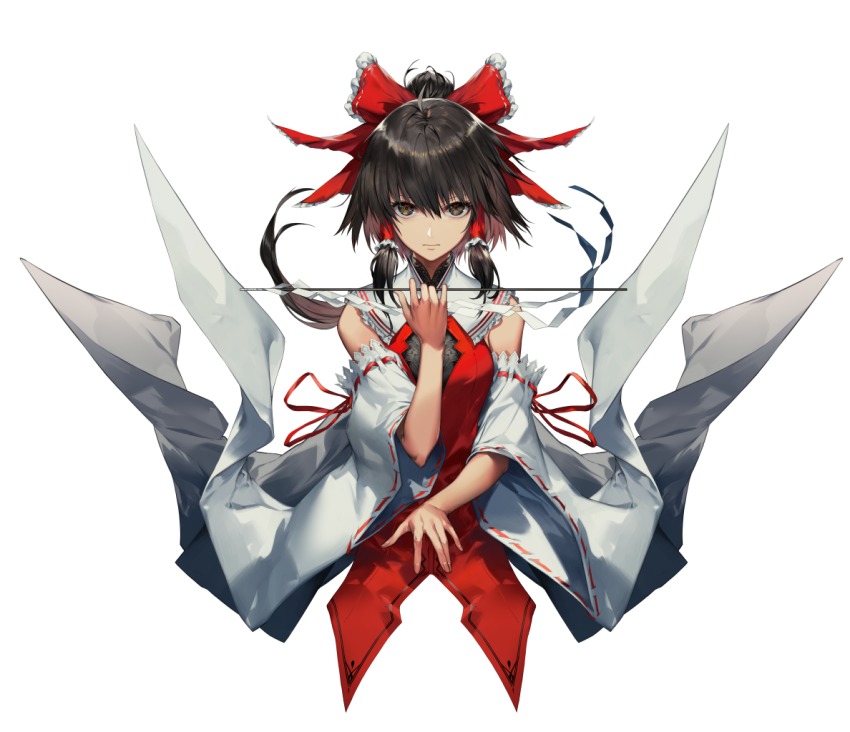 1girl black_eyes black_hair bow closed_mouth cropped_torso detached_sleeves expressionless female_focus gohei hair_bow hair_tubes hakurei_reimu japanese_clothes kodama_(wa-ka-me) long_sleeves looking_at_viewer miko nontraditional_miko oonusa ponytail red_bow ribbon-trimmed_sleeves ribbon_trim sidelocks solo touhou white_background wide_sleeves