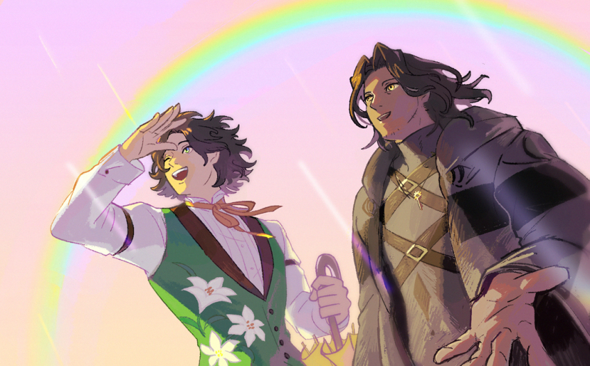 2boys alternate_costume black_hair dark-skinned_male dark_skin fire_emblem fire_emblem_engage floral_print green_eyes green_vest holding holding_umbrella long_sleeves louis_(fire_emblem) multiple_boys muni33645387063 nintendo rainbow shirt umbrella vest white_shirt zelkov_(fire_emblem)