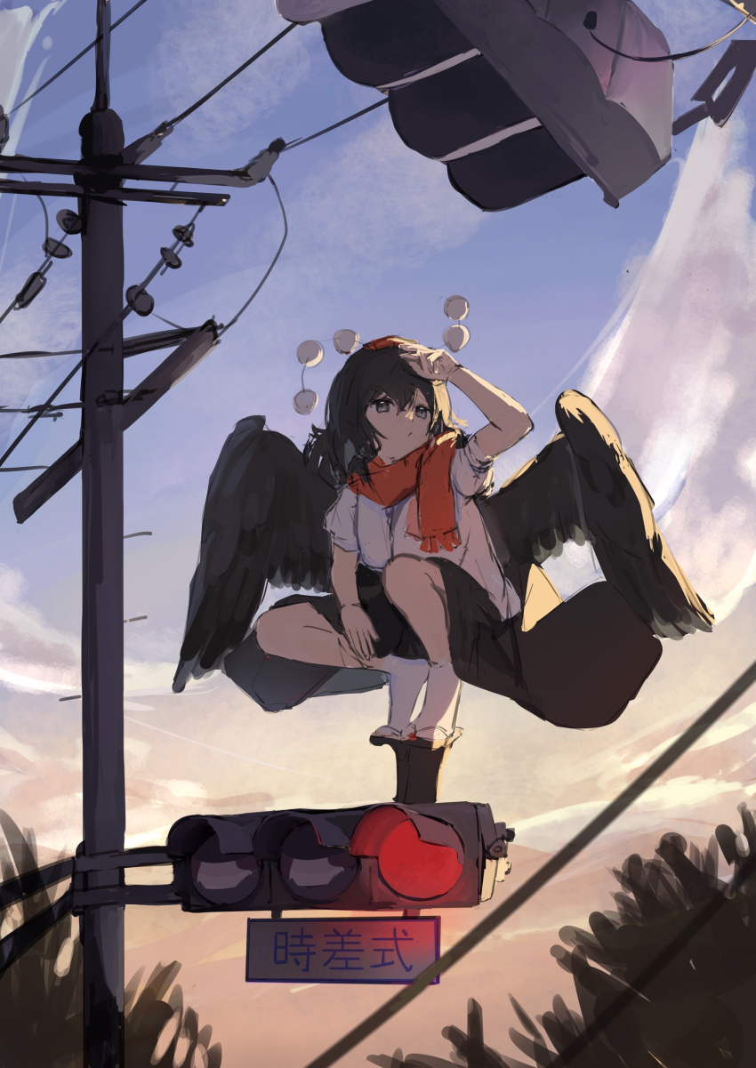 1girl absurdres black_hair black_skirt black_wings blue_sky cloud commentary_request day facing_viewer feathered_wings geta hand_up hat high_up highres kuramikya looking_afar pom_pom_(clothes) power_lines puffy_short_sleeves puffy_sleeves red_light scarf shameimaru_aya shirt short_sleeves skirt sky socks solo squatting sunlight sunrise tengu-geta tokin_hat touhou traffic_light translation_request tree turning_head utility_pole white_shirt wings