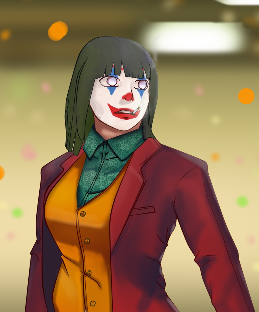 batman_(series) blue_hair boruto:_naruto_next_generations clown cosplay crossover dc_comics facepaint highres hyuuga_hinata jacket joker_(2019) joker_(dc)_(cosplay) mature_female naruto_(classic) naruto_(series) naruto_shippuuden non-web_source short_hair suit_jacket the_joker thedarkvictim white_eyes