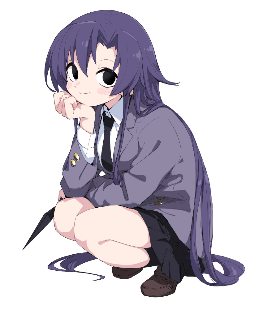 1girl black_eyes black_necktie black_skirt black_socks blush brown_shoes closed_mouth collared_shirt goshiki_agiri grey_jacket highres holding holding_weapon jacket kill_me_baby kunai loafers long_hair long_sleeves looking_at_viewer necktie pleated_skirt purple_hair school_uniform shirt shoes simple_background skirt socks solo squatting very_long_hair weapon white_background white_shirt yachima_tana
