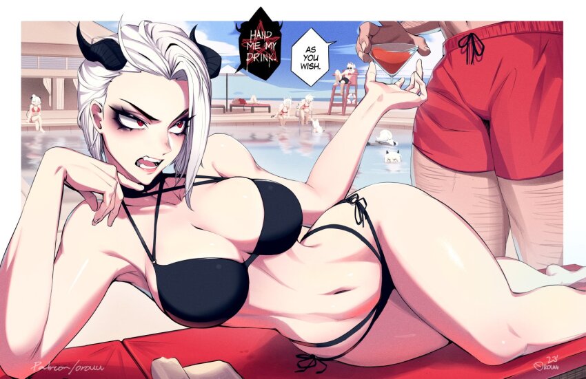 1boy 6+girls annoyed astaroth_(helltaker) baphomet_(grizz) beelzebub_(helltaker) bikini black_bikini black_horns breasts cerberus_(helltaker) cleavage demon demon_girl demon_horns english_text glass helltaker helltaker_(character) horns judgement_(helltaker) justice_(helltaker) large_breasts leg_hair lying modeus_(helltaker) multiple_girls navel on_back original orouu pants pool red_eyes red_pants speech_bubble sunglasses swimsuit thighs white_hair