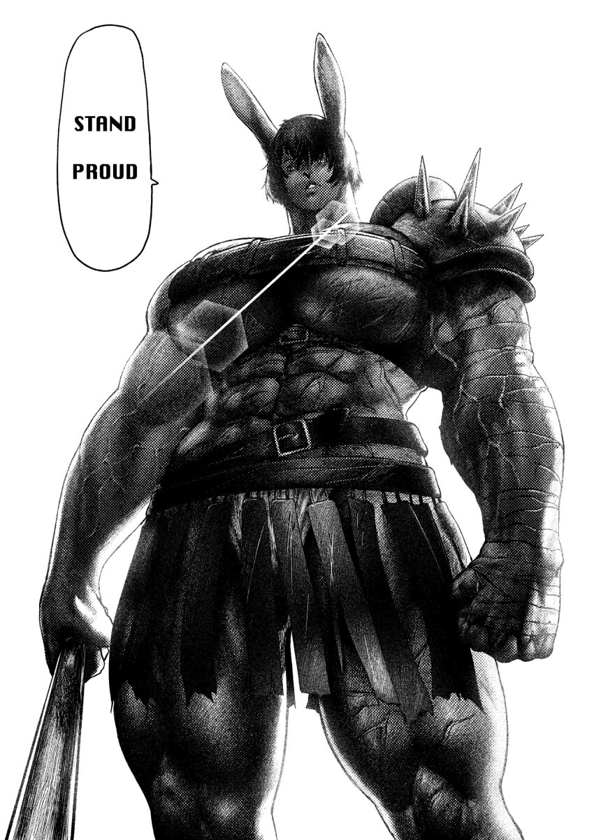 1girl 2023 absurdres arm_wrap armor backlighting belt boruburo breasts clenched_hands club_(weapon) commentary commission cowboy_shot english_commentary english_text female_focus greyscale highres holding holding_club holding_weapon huge_breasts legs_apart looking_at_viewer monochrome muscular muscular_arms muscular_female muscular_legs original parted_lips rabbit_ears rabbit_girl scar scar_on_chest short_hair shoulder_armor simple_background skirt solo speech_stab standing tall_female thick_thighs thighs underboob underbust veins veiny_arms weapon white_background