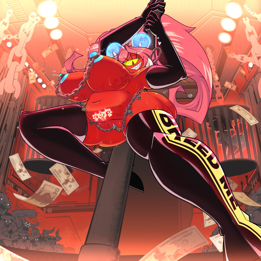 2girls absurdres banknote baron_of_hell black_boots black_eyes black_gloves blue_nipples body_freckles boots borrowed_character cacodemon cage chain clothes_writing colored_nipples colored_sclera colored_skin commentary cookie_demon_(robotjoe) crowd cyclops demon demon_girl demon_horns doom_(series) doom_eternal doom_hunter elbow_gloves falling_money freckles fuck-me_clothes gloves green_sclera grin hair_bobbles hair_ornament highres horns imp_(doom) indoors looking_at_viewer meme money multiple_girls navel nedm_(meme) nipples nude one-eyed personification pink_hair pinky_demon pole pole_dancing pubic_tattoo pussy_piercing raised_fist red_skin samuel_hayden sharp_teeth shoulder_spikes skull slit_pupils smile solo_focus spikes square_of_light stage_lights stripper_pole sunglasses sweat tattoo teeth thigh_boots tusks twintails uncensored variant_set