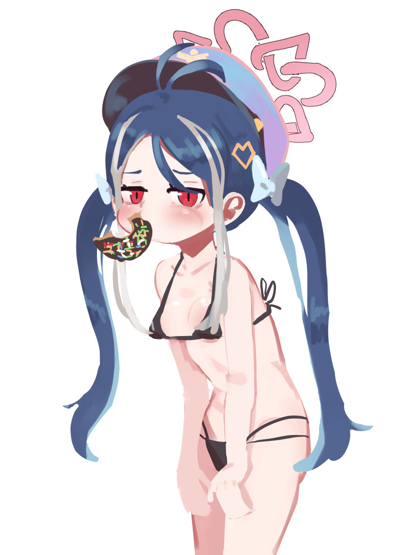 1girl :i absurdres alternate_costume antenna_hair bare_arms bikini black_bikini blue_archive blue_hair body_blush bow breasts donut ears_visible_through_hair food fubuki_(blue_archive) grey_hair hair_bow hair_ornament halo hat heart heart_hair_ornament highleg highleg_bikini highres jitome leaning_forward lulubelleiii mouth_hold multicolored_hair navel parted_bangs police_hat red_eyes shiny_skin sidelocks simple_background small_breasts solo sprinkles streaked_hair swimsuit twintails white_background white_bow