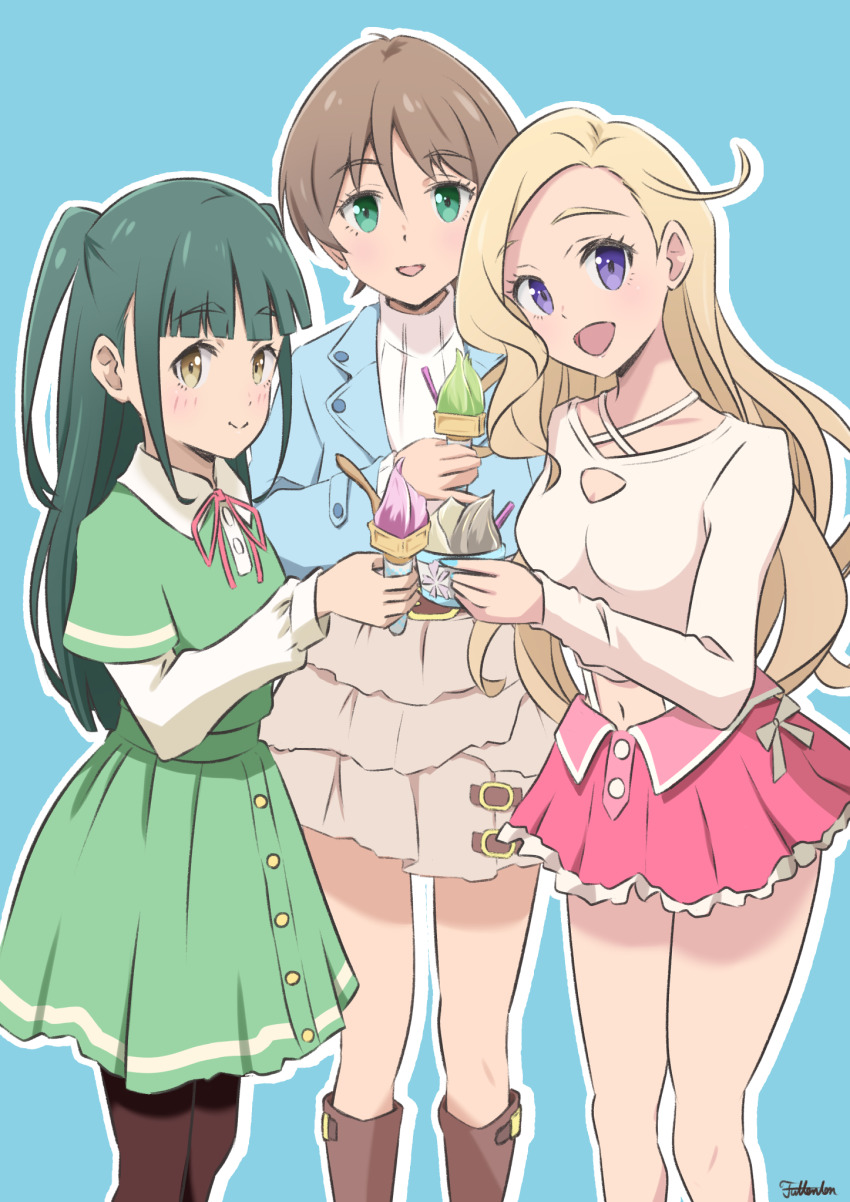 3girls :d blonde_hair blue_background blue_jacket blunt_bangs blush boots breasts brown_boots brown_hair brown_pantyhose cleavage cleavage_cutout closed_mouth clothing_cutout collared_shirt commentary_request contrast_collar crop_top cropped_shirt cup feet_out_of_frame food frilled_skirt frills futtenten green_eyes green_hair green_shirt green_skirt harumiya_yukuri highres holding holding_cup holding_ice_cream_cone ice_cream ice_cream_cone ice_cream_cup ice_cream_spoon ikizulive!_love_live!_bluebird jacket knee_boots konohana_aurora layered_sleeves long_hair long_sleeves love_live! medium_breasts midriff miniskirt multiple_girls navel neck_ribbon open_clothes open_jacket open_mouth outline pantyhose pink_ribbon pink_skirt pleated_skirt purple_eyes ribbon shirt short_hair short_over_long_sleeves short_sleeves side_ahoge sidelocks signature simple_background skirt skirt_set smile soft_serve spoon standing sweater turtleneck turtleneck_sweater two_side_up very_long_hair white_outline white_shirt white_skirt white_sweater yamada_midori yellow_eyes