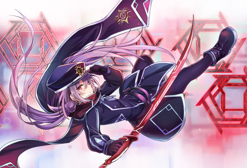 1girl absurdres belt black_gloves black_scarf buttons double-breasted duel_monster falling full_body gloves grey_hair hat hat_tip highres holding holding_sword holding_weapon jeffrey10 long_hair pantyhose planted planted_sword planted_weapon red_eyes scar scarf shoes simple_background sky_striker_ace_-_roze smile solo sword twintails weapon yu-gi-oh!