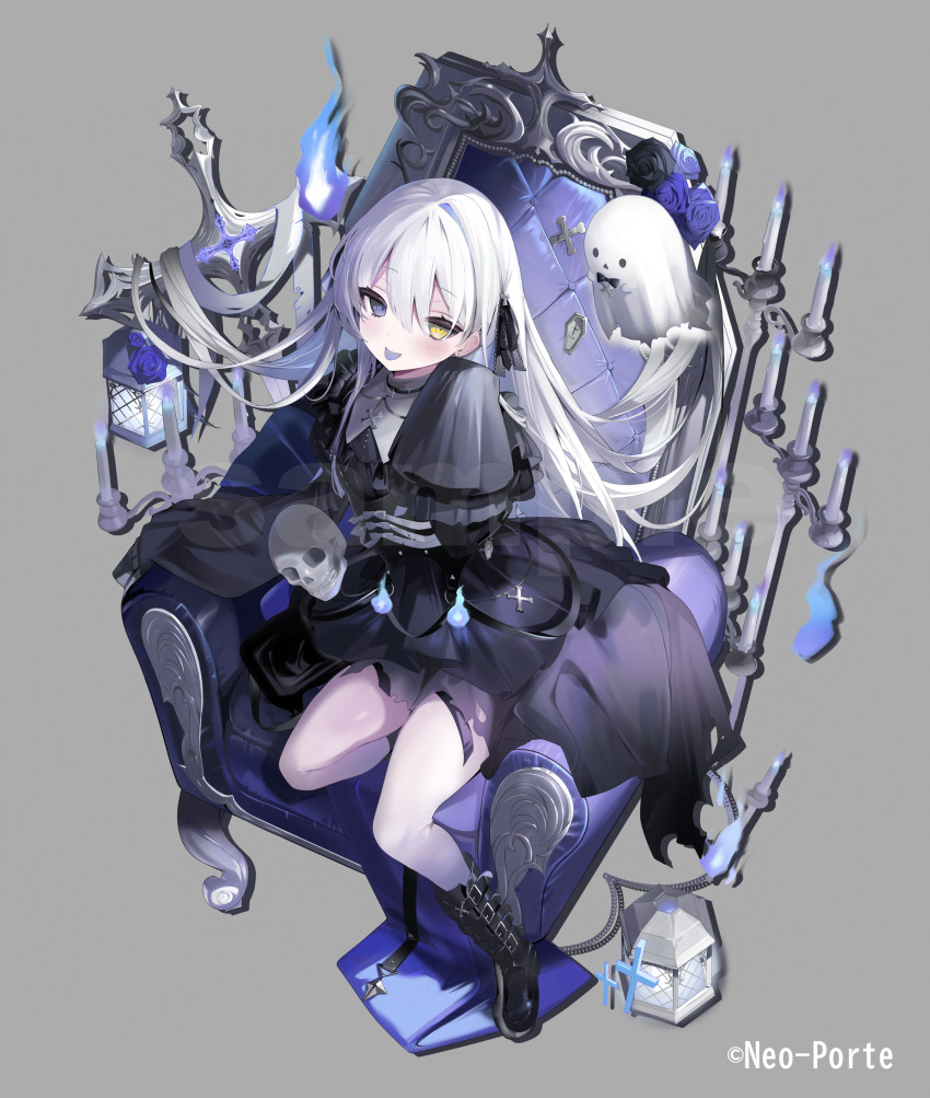 1girl absurdres bare_legs black_boots black_dress blue_fire boots candle candlestand chair colored_tongue commentary_request dress fire ghost grey_background head_tilt heterochromia highres kasukano_uturo lantern long_hair long_sleeves looking_at_viewer mirror neo-porte official_art onodera_nire picture_frame purple_eyes purple_tongue simple_background skull smile solo torn_clothes torn_dress very_long_hair virtual_youtuber white_hair yellow_eyes