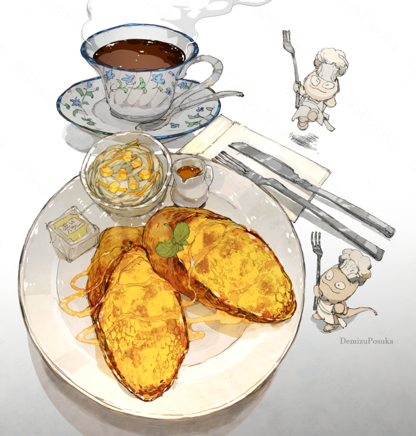 apron artist_name bread bread_slice butter chef_hat commentary cup demizu_posuka english_commentary food food_focus fork french_toast hat holding holding_fork knife original plate spoon steam syrup tea teacup