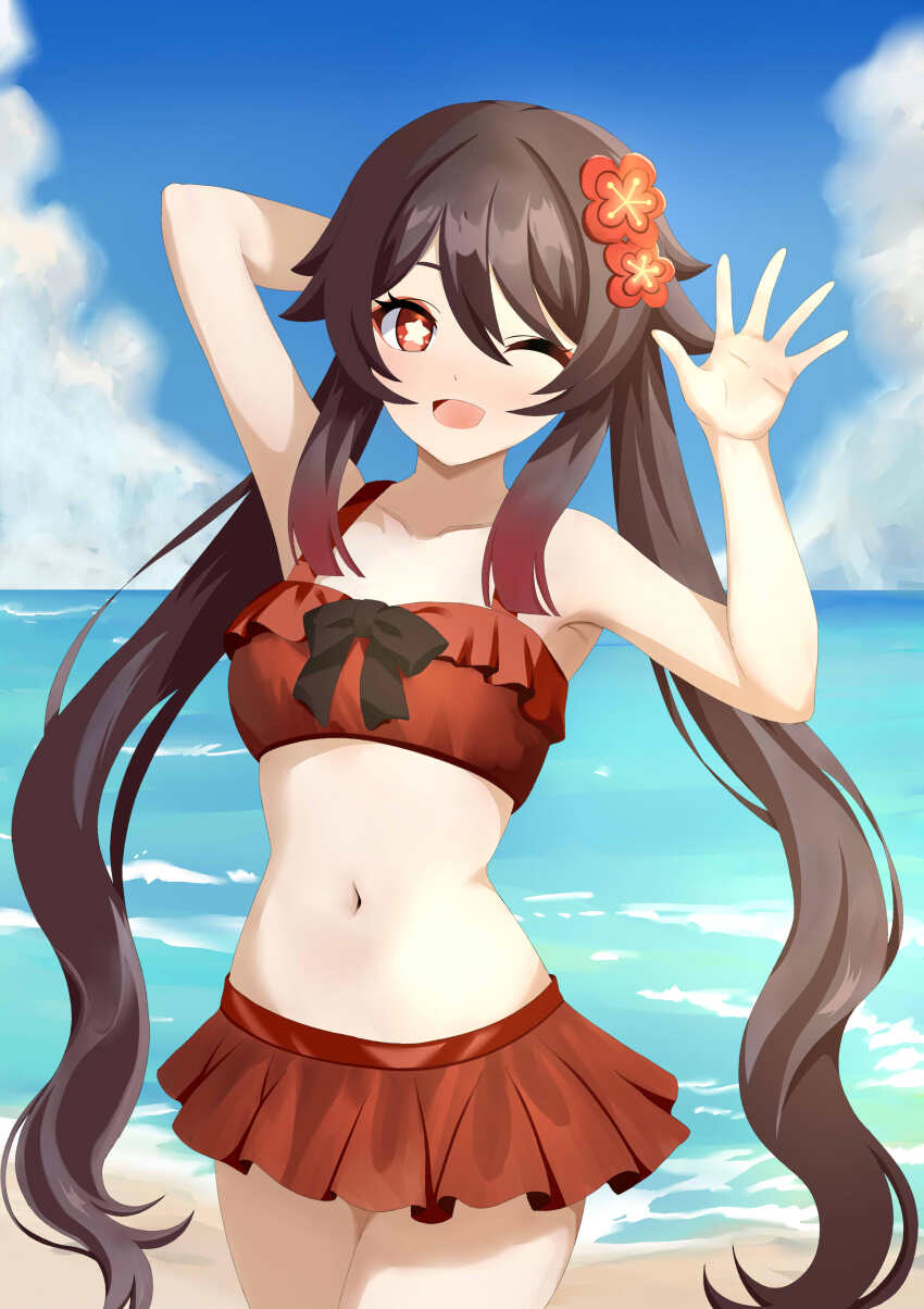 1girl absurdres alternate_costume arm_behind_head armpits arms_up beach bikini black_bow blue_sky bow breasts bright_pupils brown_hair chest_bow cloud cloudy_sky collarbone commentary_request day flower frills genshin_impact gradient_hair hair_between_eyes hair_flower hair_ornament highres hu_tao_(genshin_impact) long_hair looking_at_viewer medium_breasts mishirosora multicolored_hair navel ocean one_eye_closed open_mouth outdoors red_bikini red_eyes red_flower red_hair sand sidelocks sky smile solo star-shaped_pupils star_(symbol) summer swimsuit symbol-shaped_pupils twintails wavy_hair white_pupils