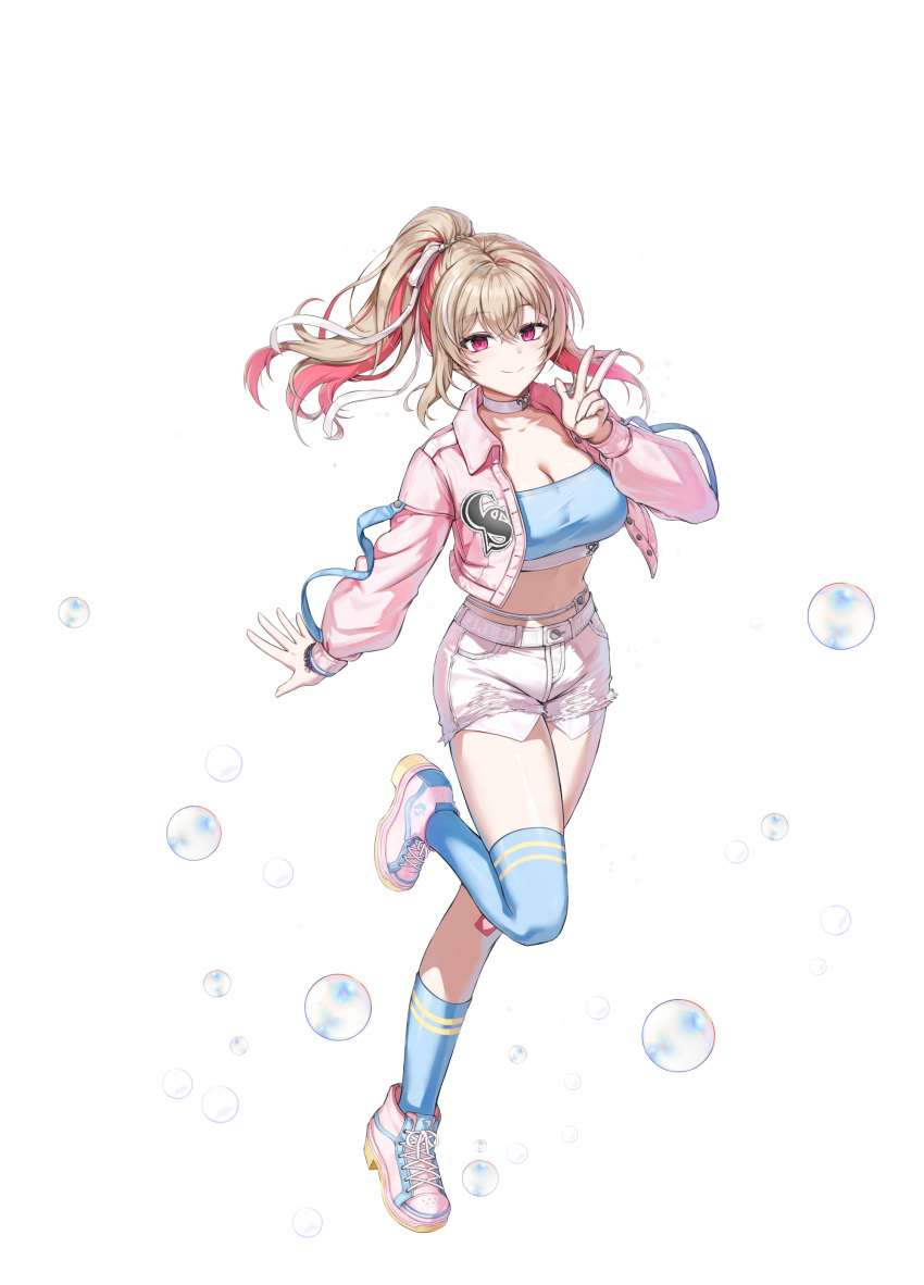 1girl absurdres blue_shirt blue_socks blue_thighhighs breasts brown_hair choker cleavage closed_mouth closers collared_jacket crop_top exposed_pocket full_body hand_up highres jacket kneehighs large_breasts leg_up long_hair long_sleeves looking_at_viewer midriff multicolored_hair navel official_art open_clothes open_jacket pink_eyes pink_jacket pink_shoes ponytail red_hair shirt shoes short_shorts shorts single_kneehigh single_sock single_thighhigh smile socks solo thighhighs thighs torn_clothes torn_shorts two-tone_hair w white_choker white_shorts yoon_ria_(closers)