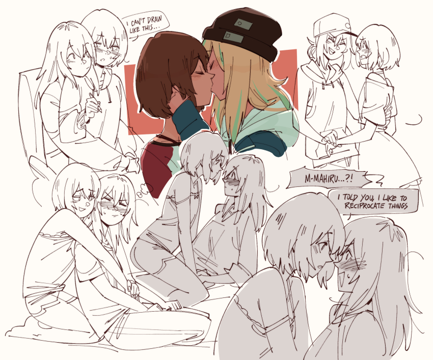 2girls alternate_hairstyle baseball_cap beanie black_hat blush brown_hair camisole commentary couple english_commentary english_text eye_contact green_hair gutalalaman hand_in_another&#039;s_hair hat highres holding_hands hood hood_down hoodie hug hug_from_behind kiss kouzuki_mahiru long_hair looking_at_another multicolored_hair multiple_girls open_mouth partially_colored seiza short_hair shorts sitting straddling strap_slip streaked_hair white_hoodie yamanouchi_kano yoru_no_kurage_wa_oyogenai yuri