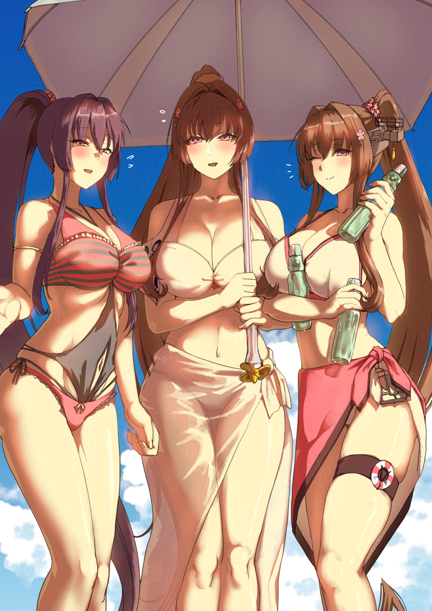 3girls absurdres bikini blue_sky breasts brown_hair casual_one-piece_swimsuit cherry_blossoms cleavage clothing_cutout day flower hair_between_eyes hair_flower hair_intakes hair_ornament headgear highres holding holding_umbrella kantai_collection large_breasts long_hair mrdotd multiple_girls multiple_persona navel navel_cutout official_alternate_costume one-piece_swimsuit one_eye_closed outdoors ponytail purple_eyes purple_hair ramune red_sarong sarong sidelocks sky standing swimsuit umbrella very_long_hair white_bikini white_sarong white_umbrella yamato_(anime_swimsuit)_(kancolle) yamato_(kancolle) yamato_(swimsuit)_(kancolle) yamato_kai_ni_(kancolle) yamato_kai_ni_(swimsuit)_(kancolle)
